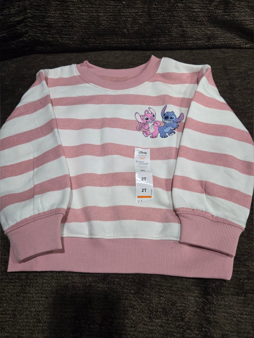 Disney Pink & White Striped Stitch Crew Neck Sweatshirt - 2T